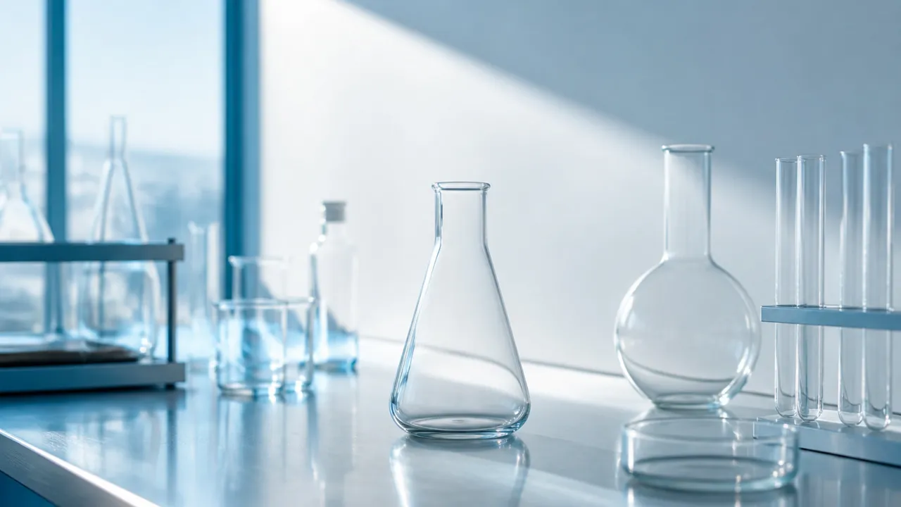 Laboratory glassware on a reflective bench, generative still for Andrew Hillman